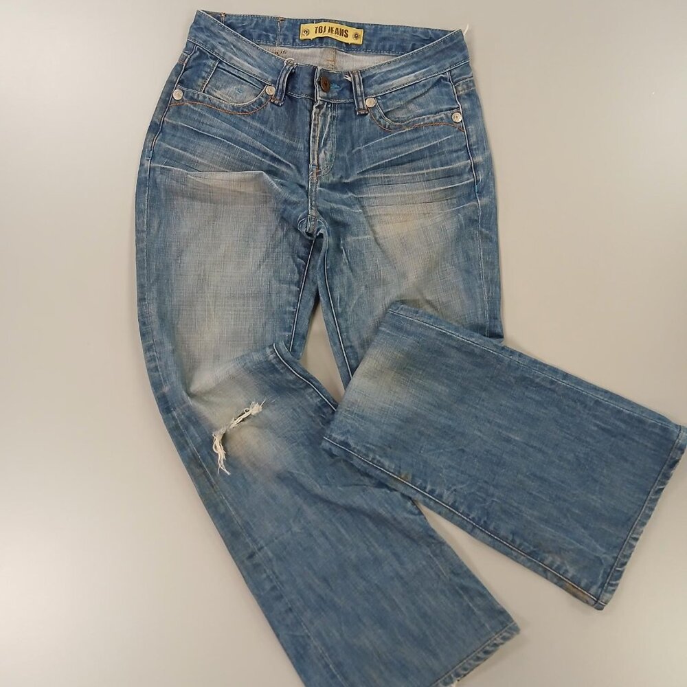 TBJ The Best Jeans Womens Size 32 Flare Distressed MediumWash Blue 5-Pocket Logo